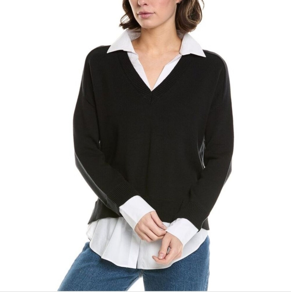 27 Miles Malibu Womens Relaxed Fit Twofer Sweater Black Old Money Preppy Luxury